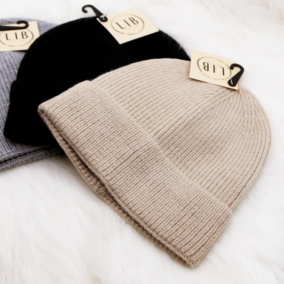 NEW Unisex Neutral Cozy Soft Rib Knit Cuff Classic Beanie Hat Beige Black Gray - Picture 5 of 16